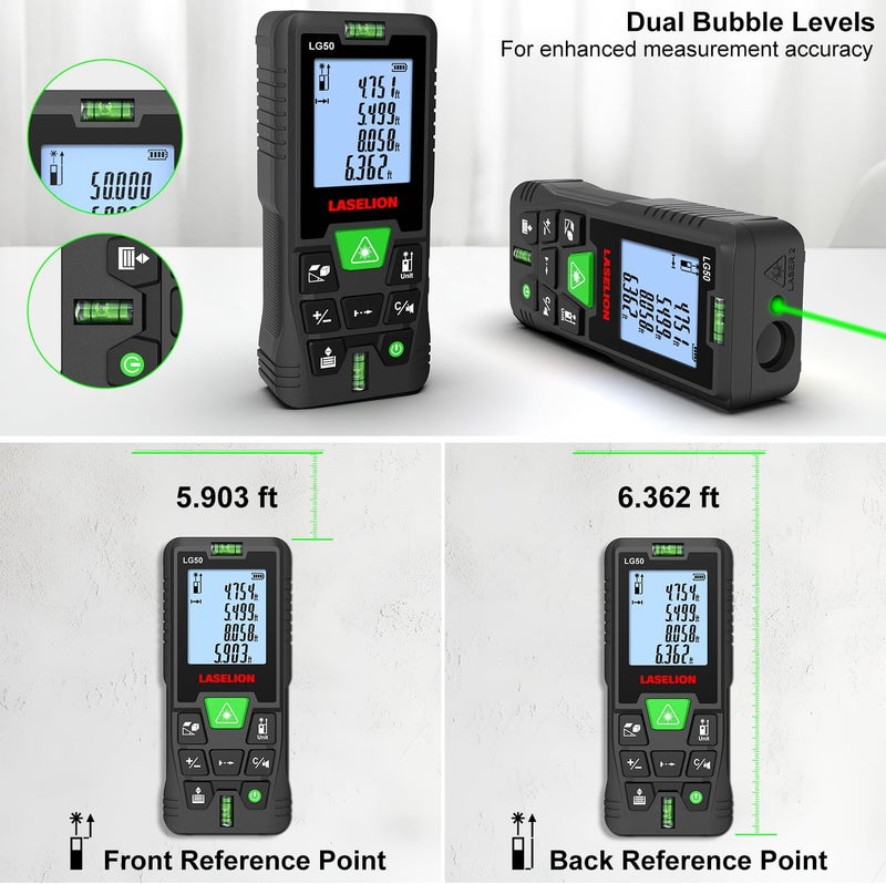 LASELION Laser Measurement Tool,165ft Green-Beam Laser Measure Device Portable M/in/Ft Unit Switching Backlit LCD Laser Distance Measure for Pythagorean Mode,Measuring Distance,Area,Volume-LG50 - Image 3